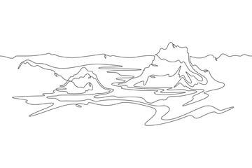 Continuous one line drawing residual mountains. Protected plateaus. Mountain landscapes. Rocky canyons. One continuous line isolated minimal illustration.
