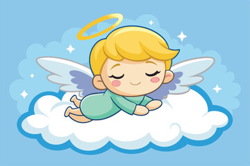 A small angel with blonde hair and wings slumbers contently on a cloud, radiating tranquility and charm, a cartoon character cute little angel sleep on a cloud