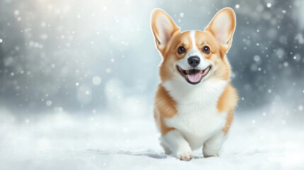 A happy Corgi with short legs and a big smile, standing proudly on a white backdrop, its fluffy coat highlighted by the soft lighting.