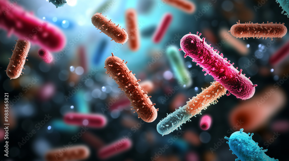 Poster close-up of bacteria colonies under a microscope, with vibrant colors showcasing the distinct shapes
