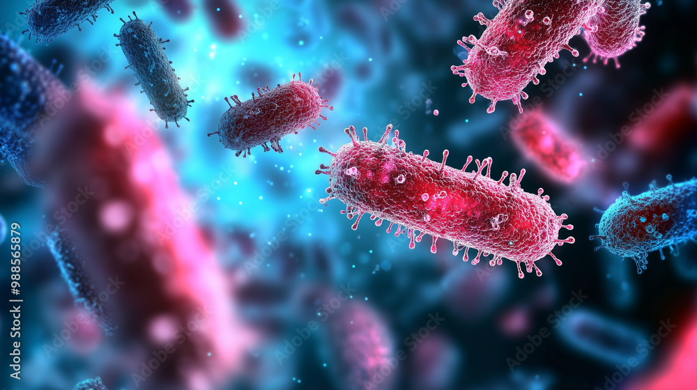 Poster close-up of bacteria colonies under a microscope, with vibrant colors showcasing the distinct shapes