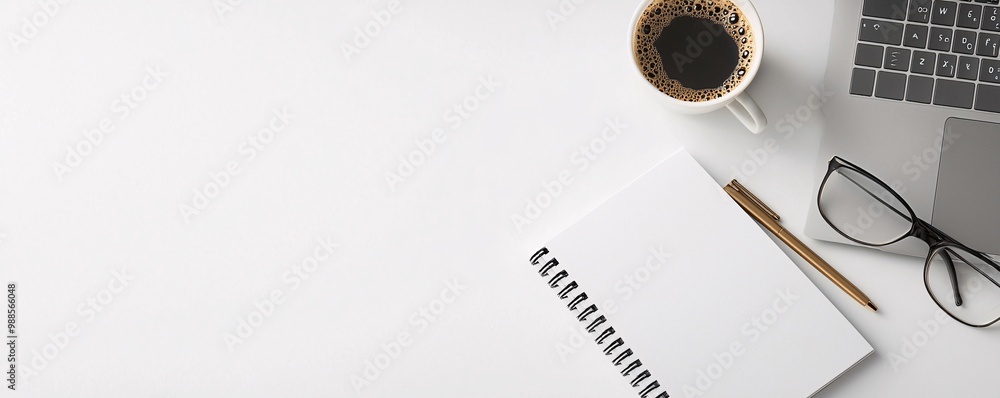 Poster minimalist desk setup with a notebook and pen, topdown view, soft natural tones.