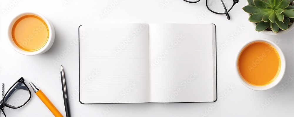 Aufkleber minimalist desk setup with a notebook and pen, topdown view, soft natural tones.