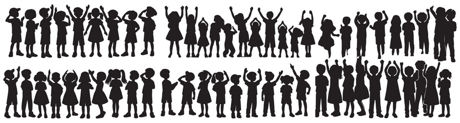  Cheerful crowd children. Silhouettes of saluting, applauding, happy boys vector illustration design black and white art