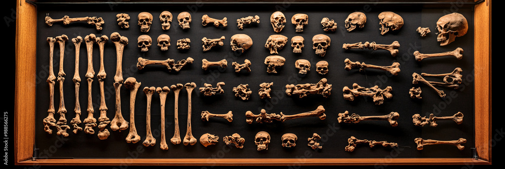 Poster skeleton. human bones meticulously arranged in a display case. isolated shadowy backdrop. osteology 