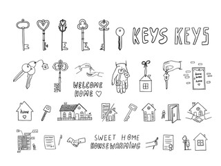 Set of housewarming in doodle style. Home sweet home, welcome home, new home, happy house warming, house keys, deal. Good for banner, cards, professional design. Hand drawn