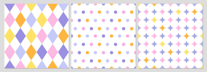 Set of cute seamless patterns. Geometric vector backgrounds. Polka dot. Texture for print, textile, fabric.