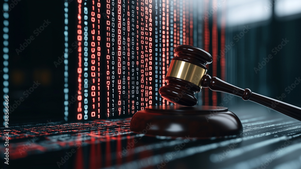 Poster a gavel striking down on a digital platform, with binary code flowing outward, representing justice 