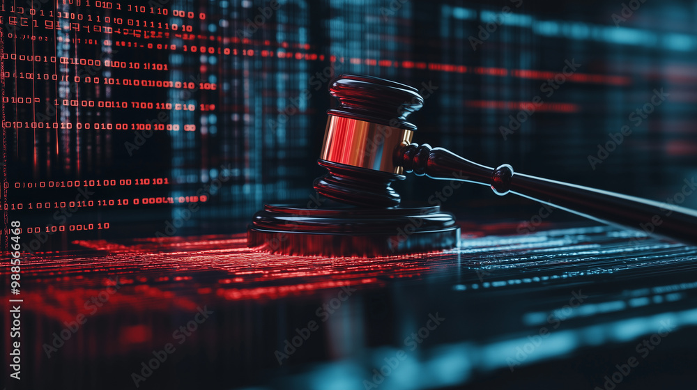 Poster a gavel striking down on a digital platform, with binary code flowing outward, representing justice 