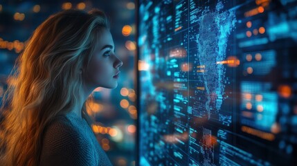 Woman looking at a digital map interface, surrounded by glowing blue holographic data in a futuristic, technology-filled room. Concept of global data analysis, AI, and modern innovation.