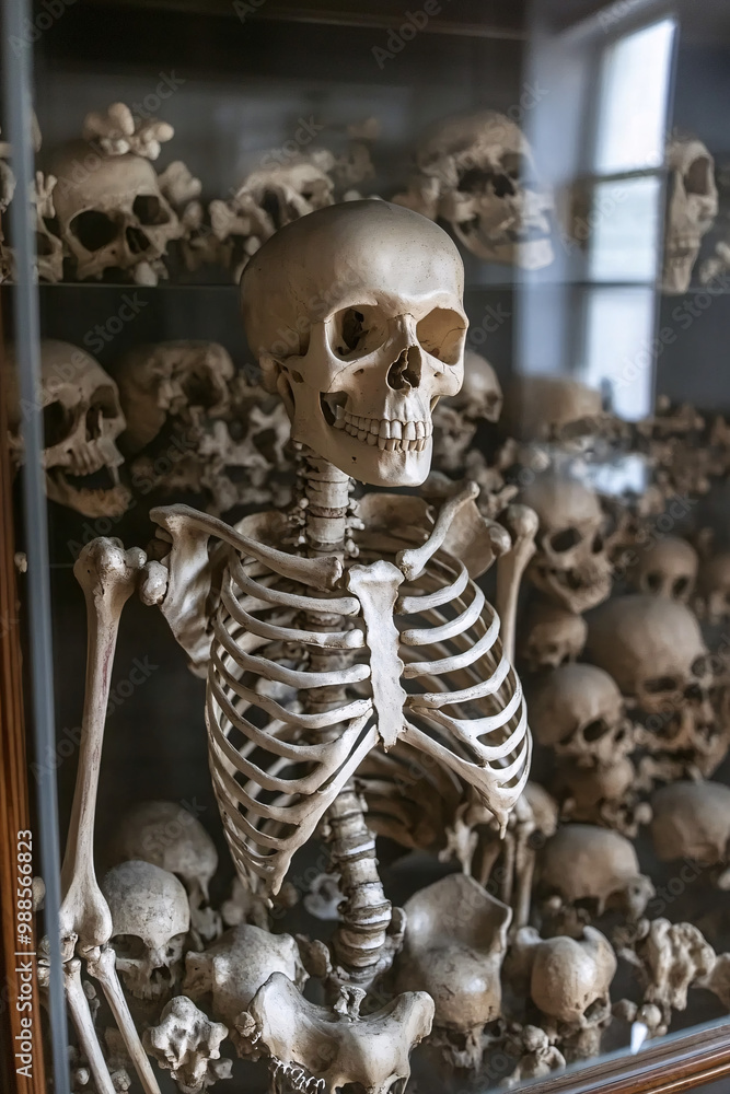 Poster skeleton. human bones meticulously arranged in a display case. isolated shadowy backdrop. osteology 