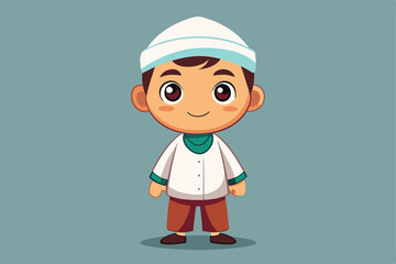 A cheerful young Muslim boy stands confidently in traditional clothing, showcasing joy and innocence, a cartoon character cute Muslim boy