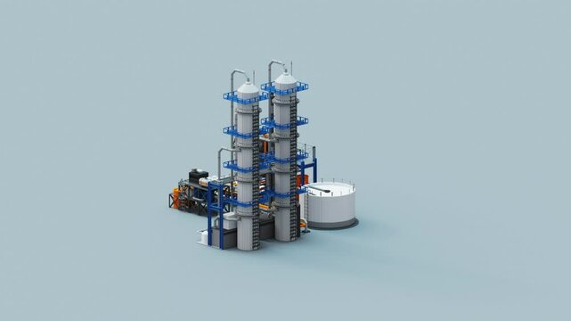 Crude oil refinery plant complex. Stylized minimalistic simplified minimalistic rendering asset for energy, oil and gas or critical infrastructure projects. Includes fuel tank and rectification column