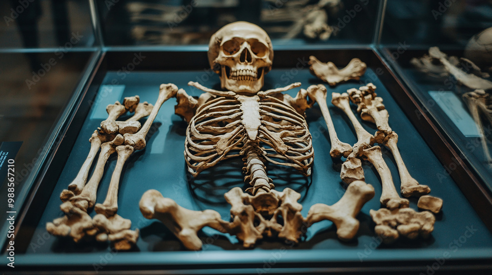 Poster skeleton. human bones meticulously arranged in a display case. isolated shadowy backdrop. osteology 