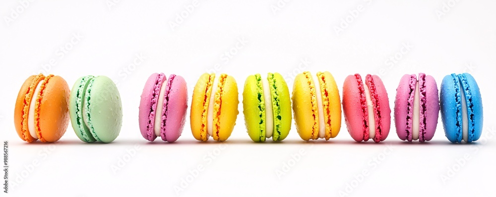 Poster brightly colored macaroons arranged in a neat row.