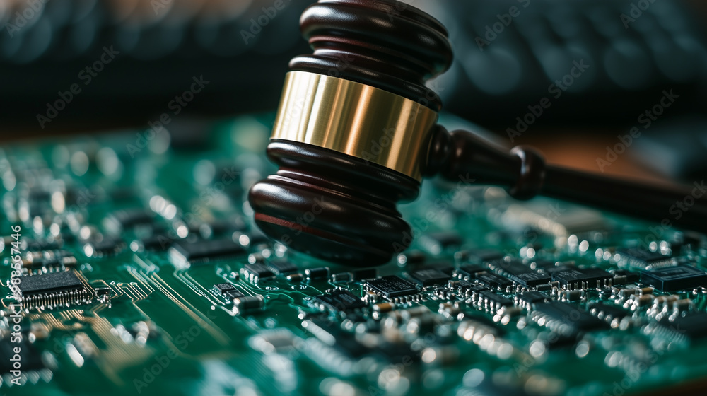 Poster a gavel made of circuit components, showing the blending of law and technology in digital copyright 