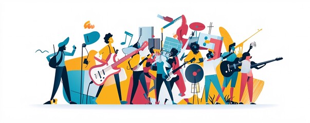 Flat illustration of people at a music festival.