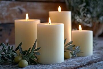 A serene arrangement of flickering white candles with olive branches, perfect for creating a calming atmosphere for Thanksgiving and Halloween gatherings.