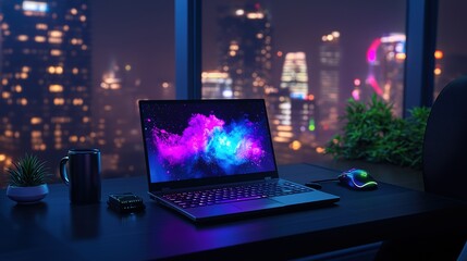 Sleek modern laptop glowing in a night cityscape workspace