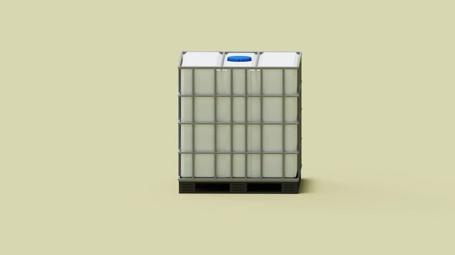 White-colored plastic square water tank securely housed within a sturdy metal frame. The video showcases the tank from all angles, highlighting its smooth, clean surface and robust construction. 