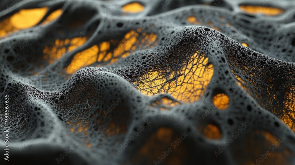 Poster high fidelity neural network generated textures resembling a layered, porous fabric with intricate p
