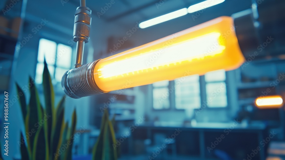 Poster focus on a bright fluorescent lamp, symbolizing the spark of creativity in finding innovative soluti
