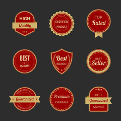 Obraz premium Vector illustration set of high quality labels and badges in red and gold color. Includes premium, certified designs for seals and stamps. Ideal for certification, assurance, and premium tags