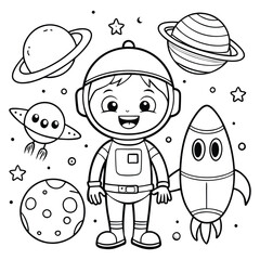 Cute Astronaut in space , black and white coloring page for kids and adults , line art