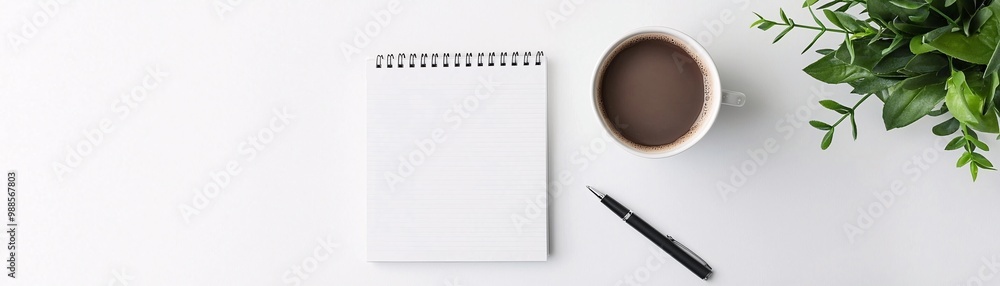 Poster minimalist desk setup with a notebook and pen, topdown view, soft natural tones.