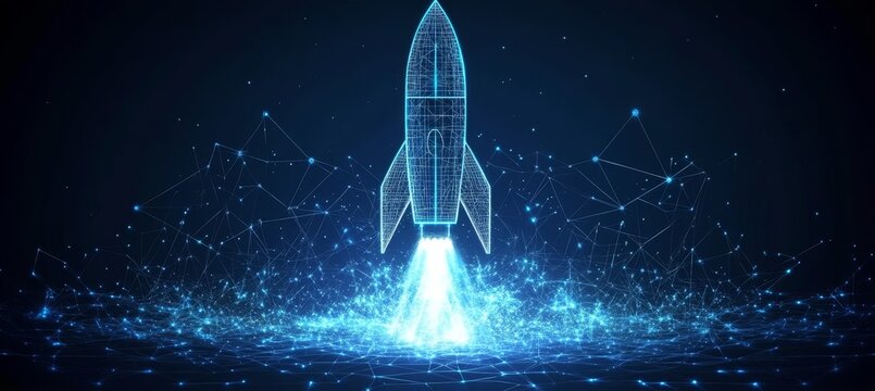 Abstract Futuristic Technology Background With Glowing Low Polygon Rocket Launch Taking Off On Blue