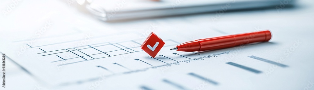 Poster quality assurance process with a checklist and red marker.