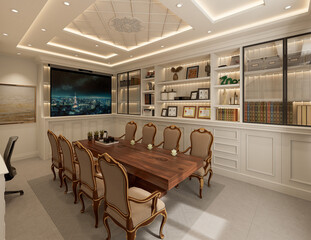 Modern classic meeting room interior with white furniture and window. 3D Rendering