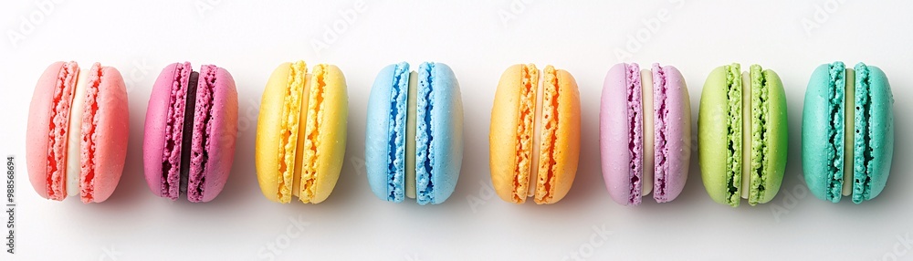 Poster brightly colored macaroons arranged in a neat row.