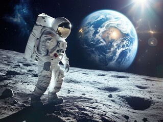 Astronaut on Moon with Earth in view