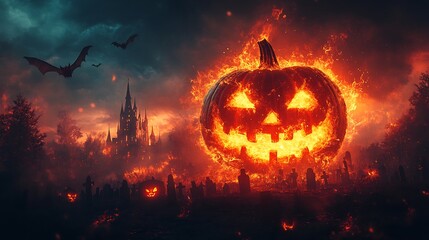 Fototapeta premium Spooky Halloween background showing menacing castle a pumpkin ablaze in flames within a graveyard and bats soaring through a shadowy night atmosphere