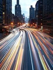 Obraz premium City traffic at night with light trails from cars, wide shot, vibrant urban glow.