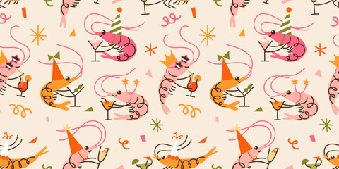 Seamless pattern with Cute shrimps in party hats and cocktails. Hand drawn vector illustration. Naive childish design. Cool comic character, restaurant poster, card, social media banner.