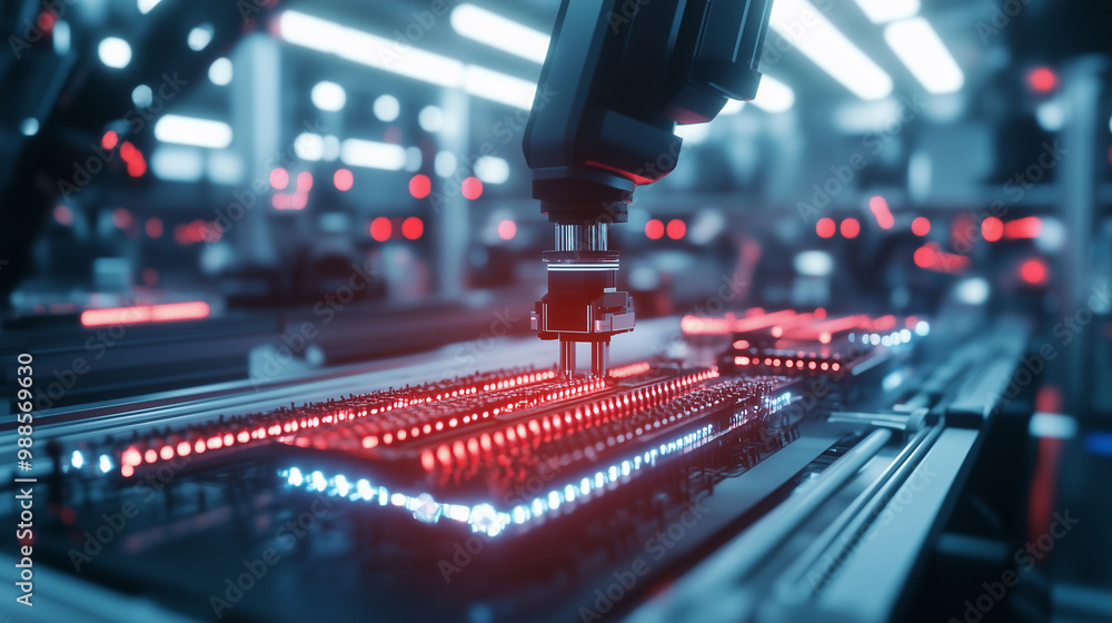 Poster high-tech robotic arm assembling futuristic devices on a factory floor.