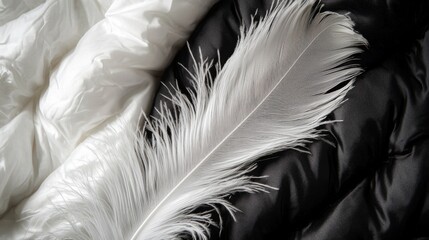 Fototapeta premium Luxurious and lightweight down jacket filling. Stylish contrast between white feather and color background. Soft and comfortable material to keep you warm in cold weather