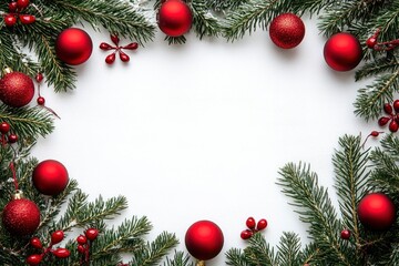 christmas frame with red balls and fir branches with generative ai