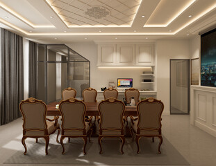 Modern classic meeting room interior with white furniture and window. 3D Rendering
