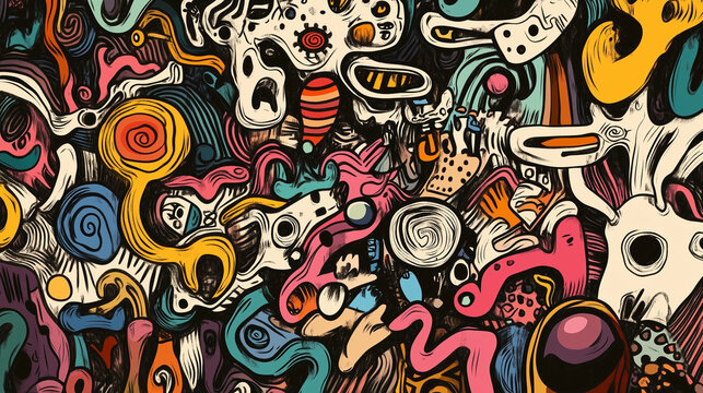 Doodle art explosion of creative ideas, with swirling lines and interconnected objects.