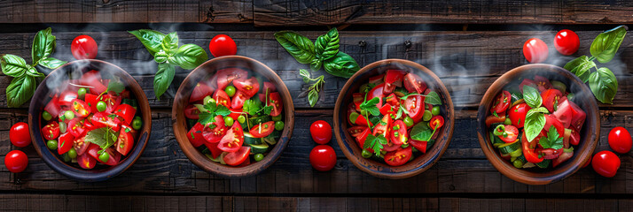 Fototapeta premium Steaming bowls of hearty vegetable stew. Set against a rustic wooden table. 