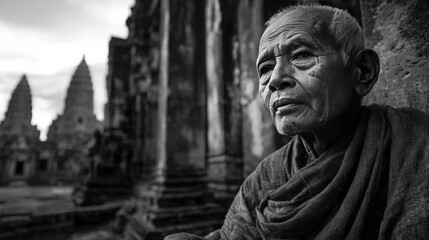 Black and White Wide-Angle Shot of an Elderly Cambodian Man Wearing a Traditional Krama Scarf, Sitting Before Ancient Temple Ruins, Conveying History and Serenity