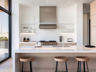 Fototapeta premium Elegant kitchen with sleek countertops and minimal utensils, wid eangle, bright lighting.