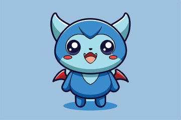 A cute cartoon character stands happily, showcasing its blue body and vibrant smile against a soft backdrop, a cartoon character Dead face cartoon design Kawaii expression cute character