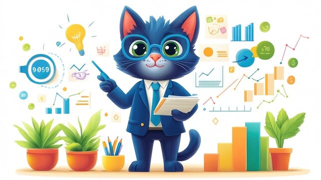 Adorable cat analyst in suit teaching statistics and graphs with plants and charts