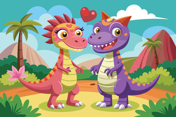 Fototapeta premium A cheerful dinosaur couple shares a loving moment in a colorful, lush environment, a cartoon character dino couple characters