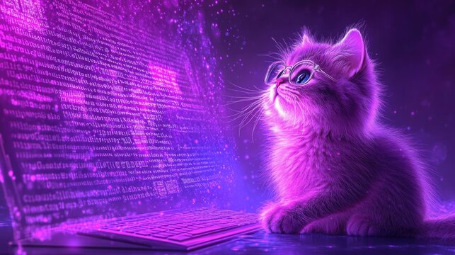 Cute kitten in glasses exploring futuristic purple digital world