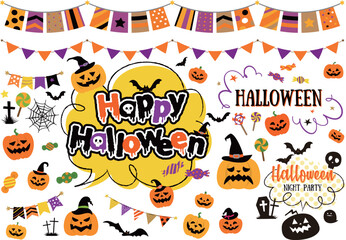 ハロウィン イラスト 吹き出し ロゴ 見出し アイコン フレーム ガーランド 背景 セット